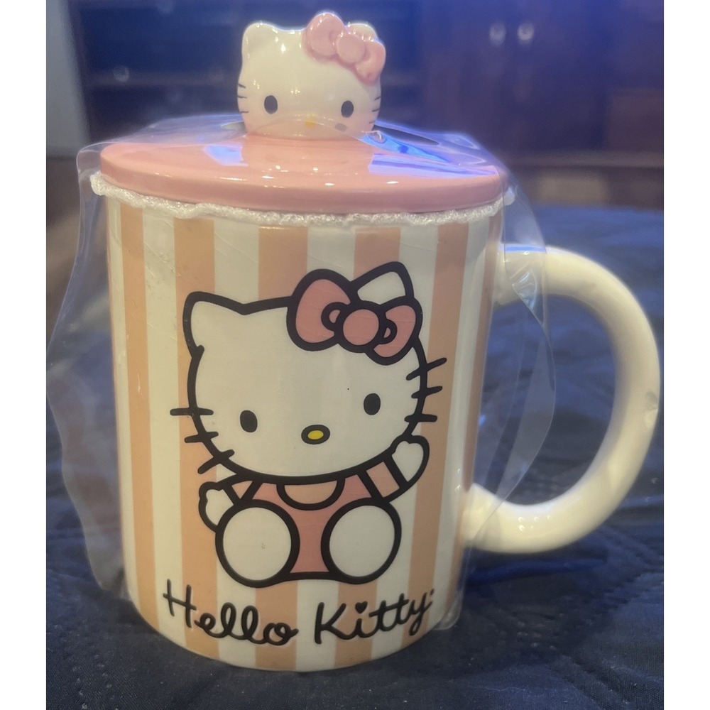 Sanrio HELLO KITTY Pink Stripes Ceramic Mug With Lid | Holds 18 Ounces